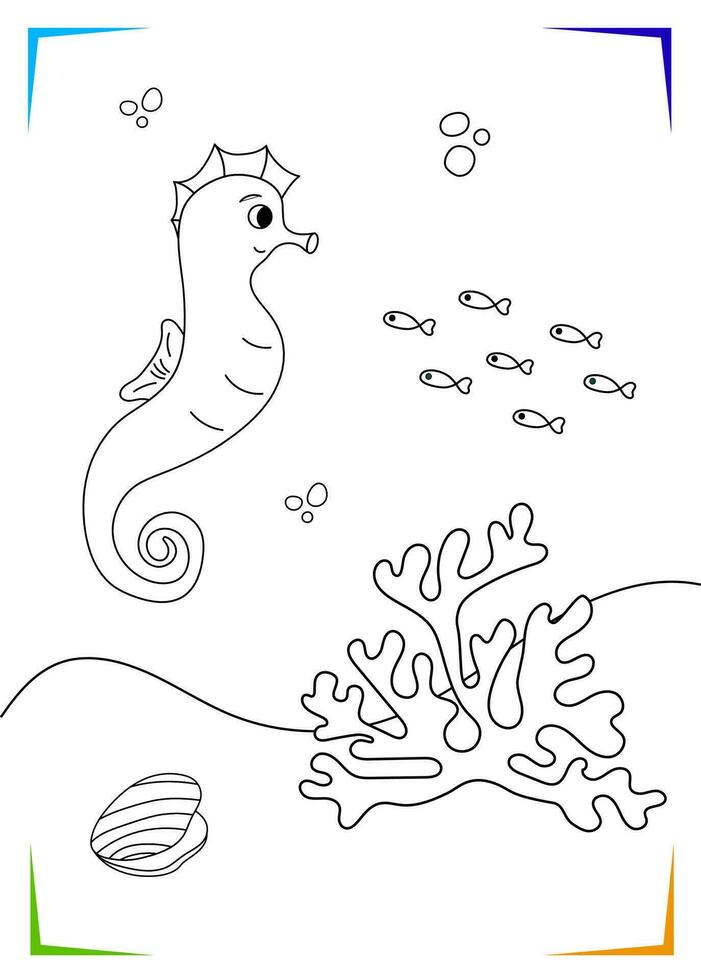 svart och vit korall, hav häst, hippocampus färg sida. under vattnet djur- vektor illustration
