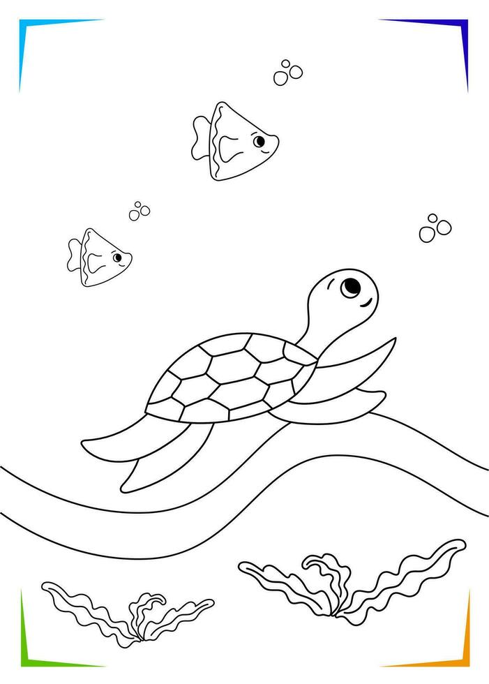 schwarz und Weiß Schildkröte, Algen Färbung Buchseite. Marine unter Wasser Bewohner Vektor Illustration.