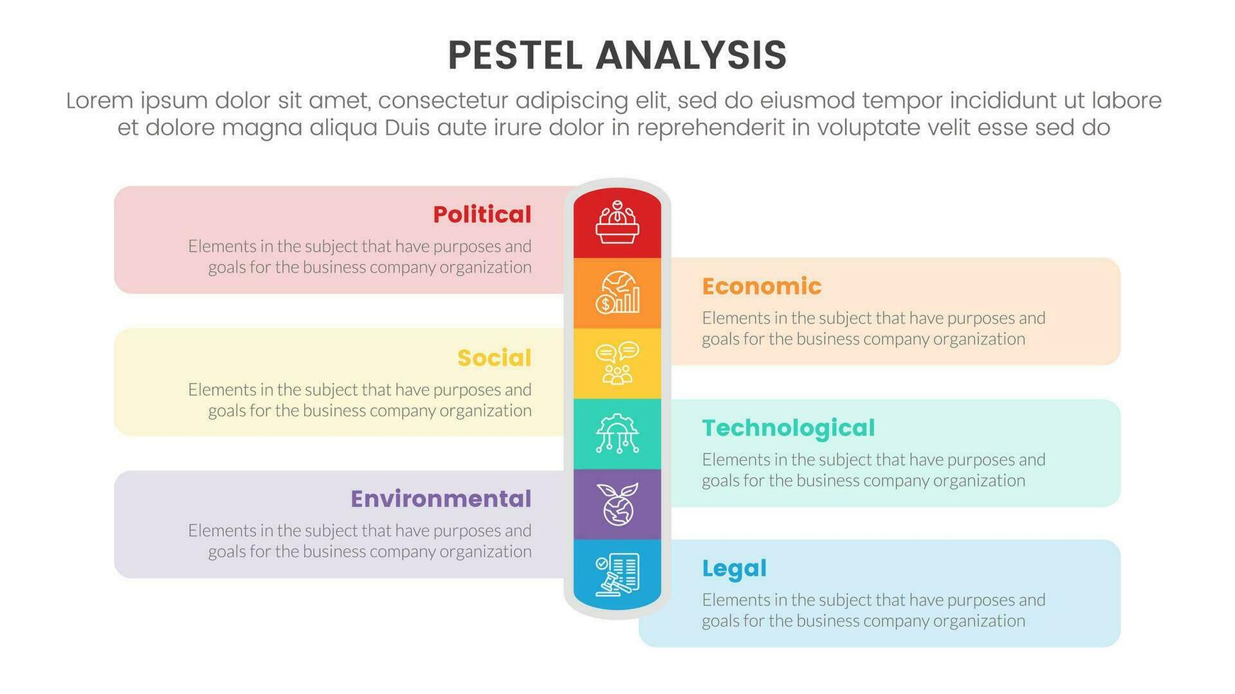 pestell Geschäft Analyse Werkzeug Rahmen Infografik mit runden Vertikale Rechteck gestalten 6 Punkt Stufen Konzept zum rutschen Präsentation Vektor