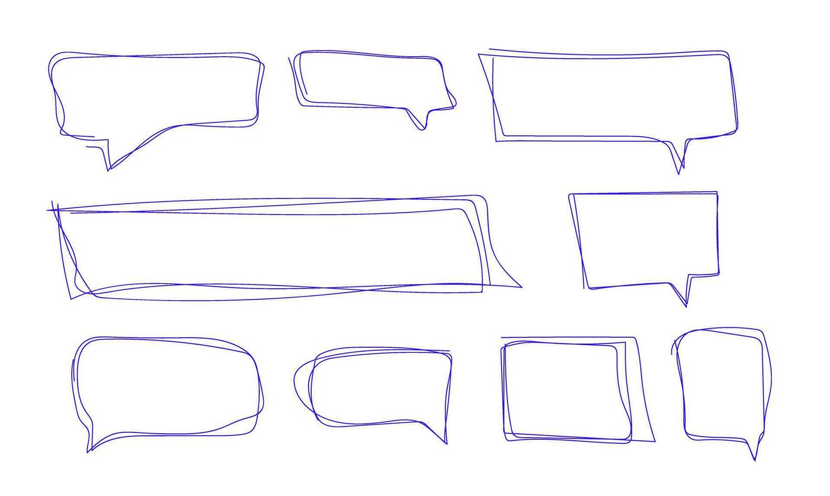 Dialog Wolke zum Mitteilungen. Vektor einstellen von isoliert Dialog Box Symbole auf Weiß Hintergrund. Sammlung von Hand gezeichnet Blau kontinuierlich Linie Kritzeleien isoliert auf Weiß Hintergrund.