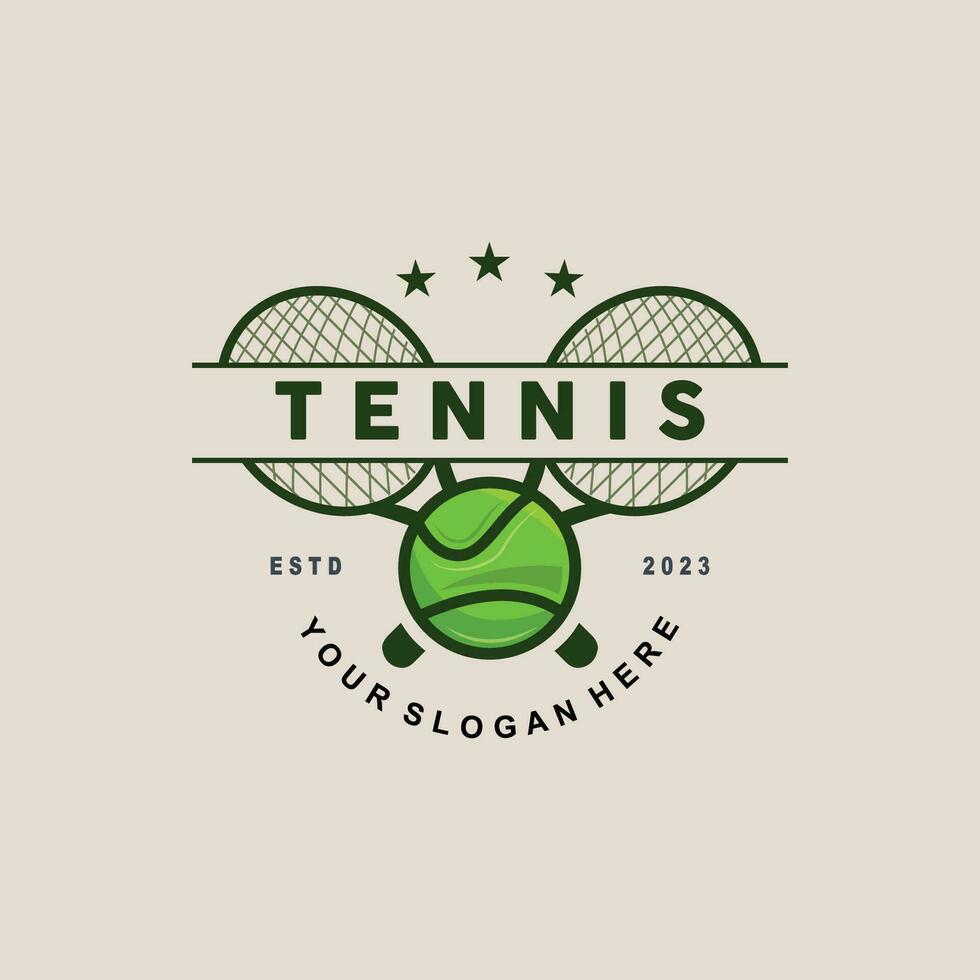 Tennis Logo Design, Turnier Sport, Ball und Schläger Vektor einfach Silhouette Illustration