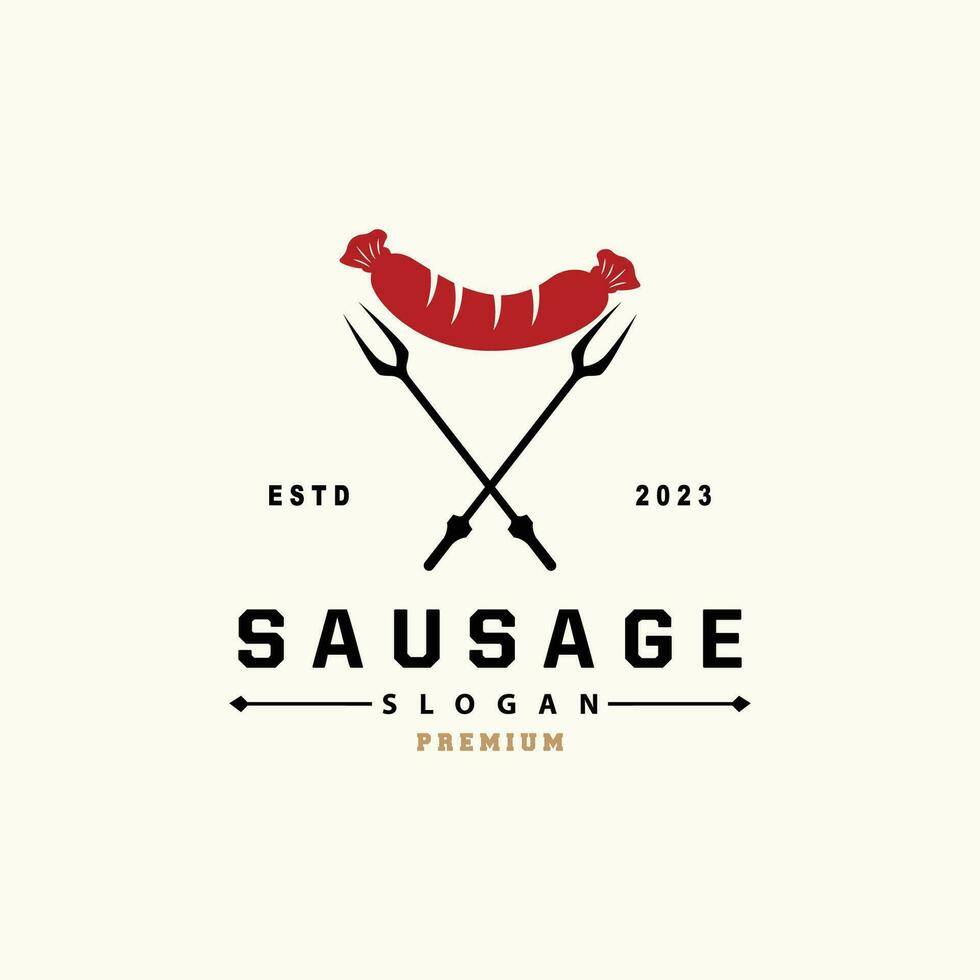 Würstchen Logo, Vektor Fleisch Gabel und das Würstchen Essen, Restaurant Inspiration Design, Jahrgang retro rustikal
