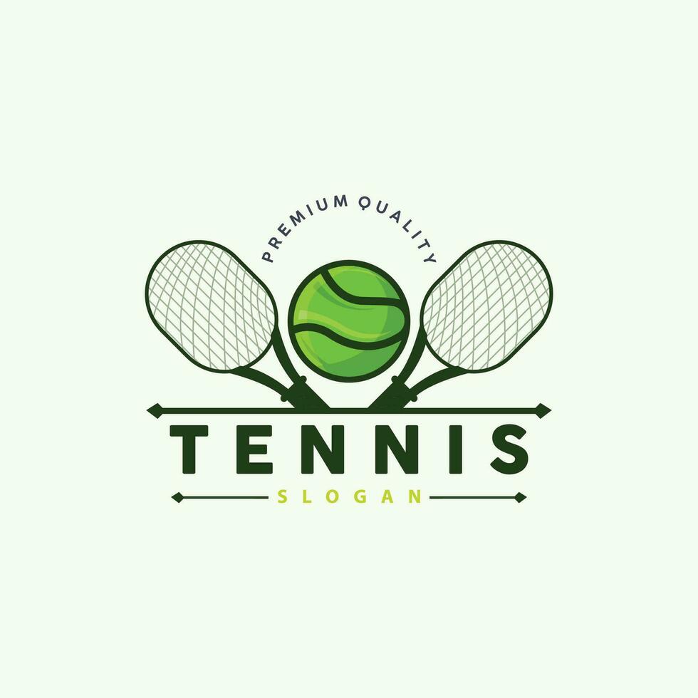 tennis logotyp design, turnering sport, boll och racket vektor enkel silhuett illustration