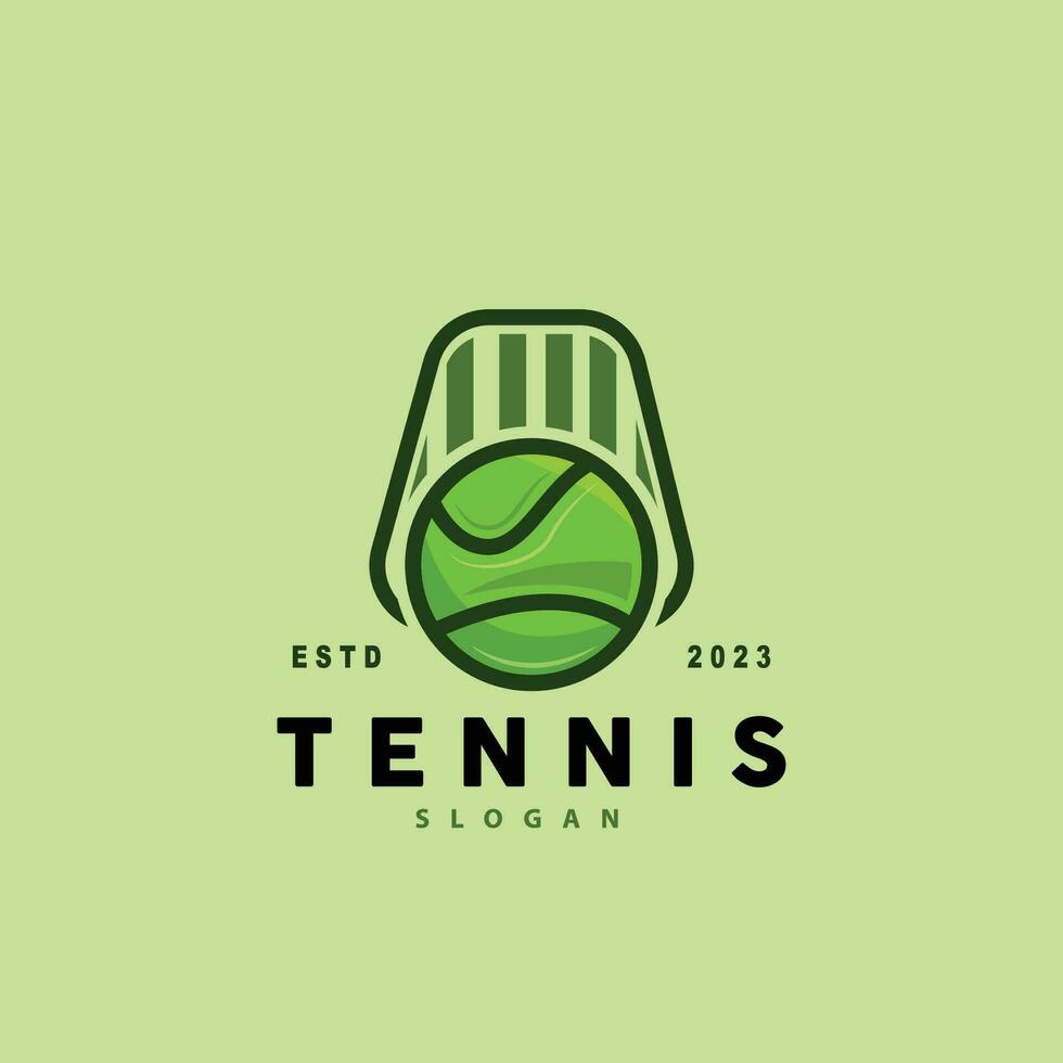 tennis logotyp design, turnering sport, boll och racket vektor enkel silhuett illustration