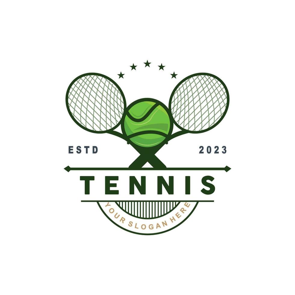 Tennis Logo Design, Turnier Sport, Ball und Schläger Vektor einfach Silhouette Illustration