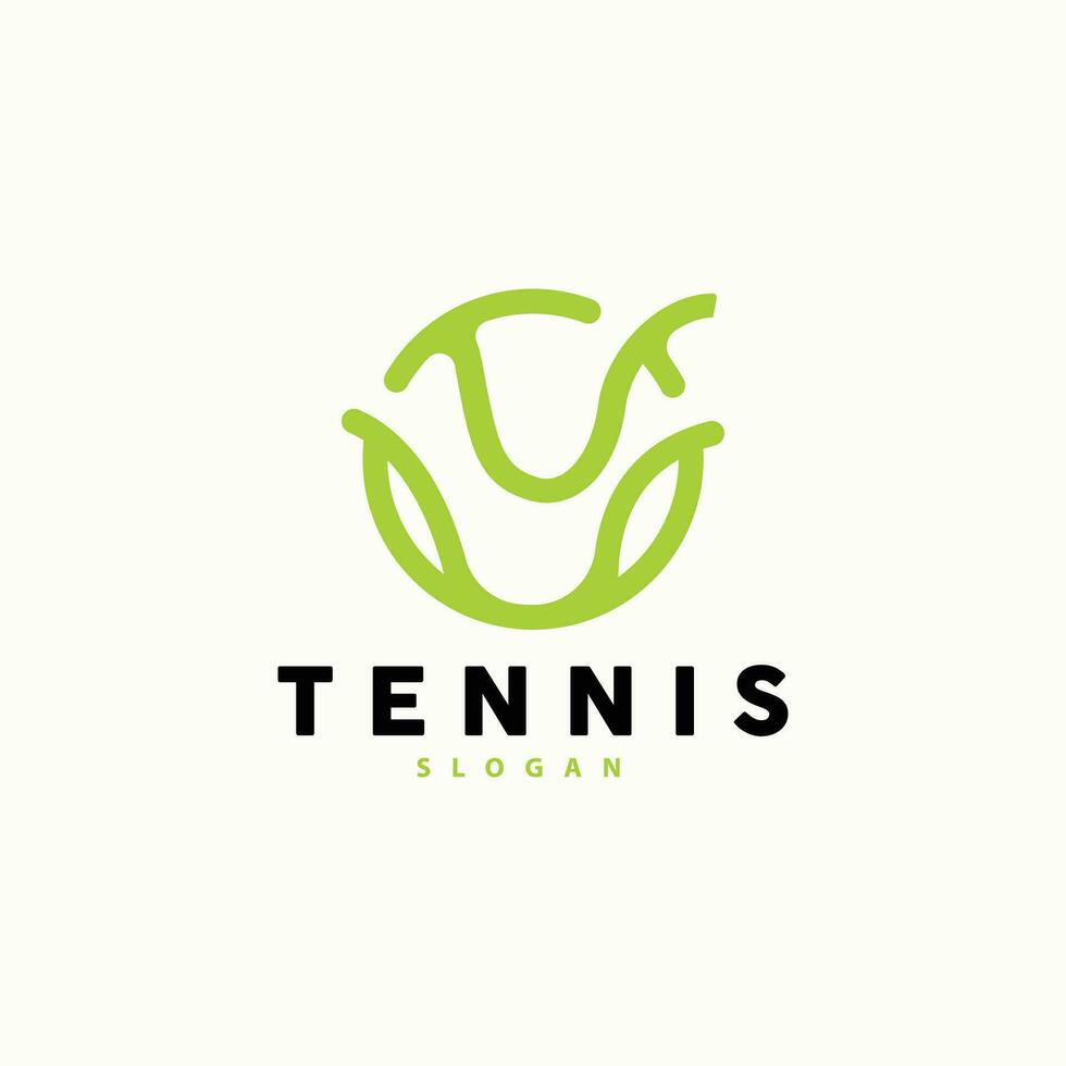 tennis logotyp design, turnering sport, boll och racket vektor enkel silhuett illustration