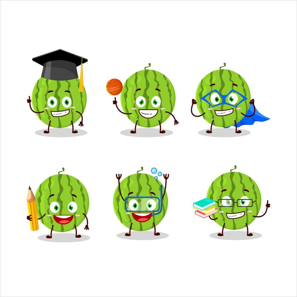 skola studerande av grön vattenmelon tecknad serie karaktär med olika uttryck vektor