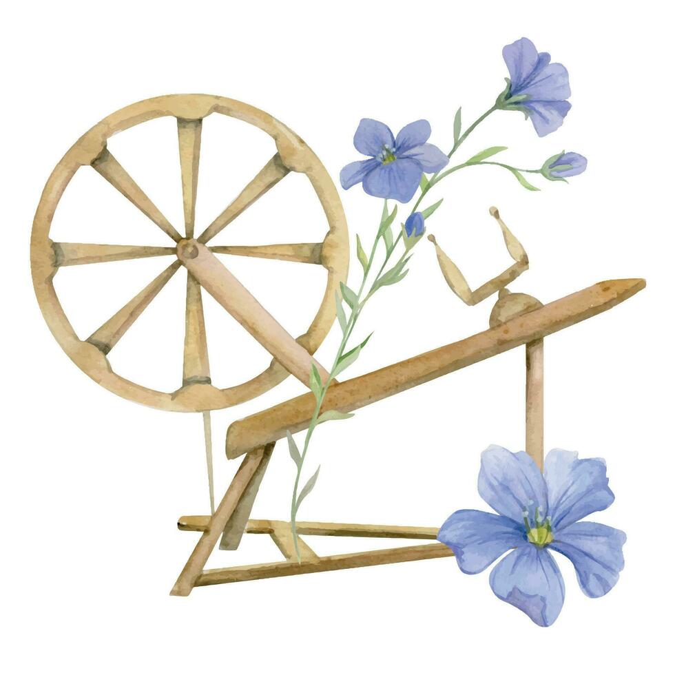 hand dragen vattenfärg spinning hjul med blå lin Linné blommor. naturlig växt. botanisk illustration isolerat objekt sammansättning på vit bakgrund. för affär logotyp skriva ut, hemsida, kort, häfte. vektor