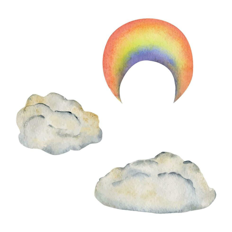 Aquarell Hand gezeichnet Illustration, magisch Kosmos Universum Artikel, Wolken und Regenbogen Bogen im Himmel. Single Objekt isoliert auf Weiß Hintergrund. zum Kinder, Kinder Schlafzimmer, Stoff, Bettwäsche drucken, Karten vektor