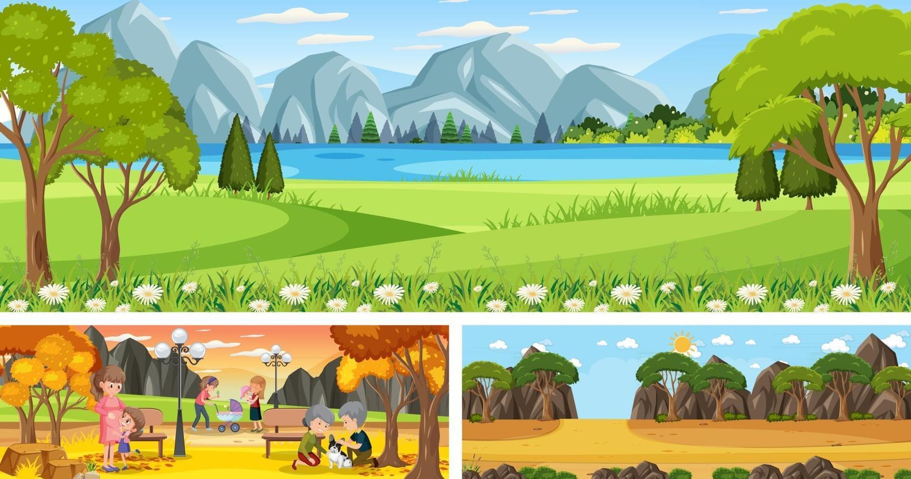 uppsättning av olika utomhus panorama landskap scener med seriefigur vektor