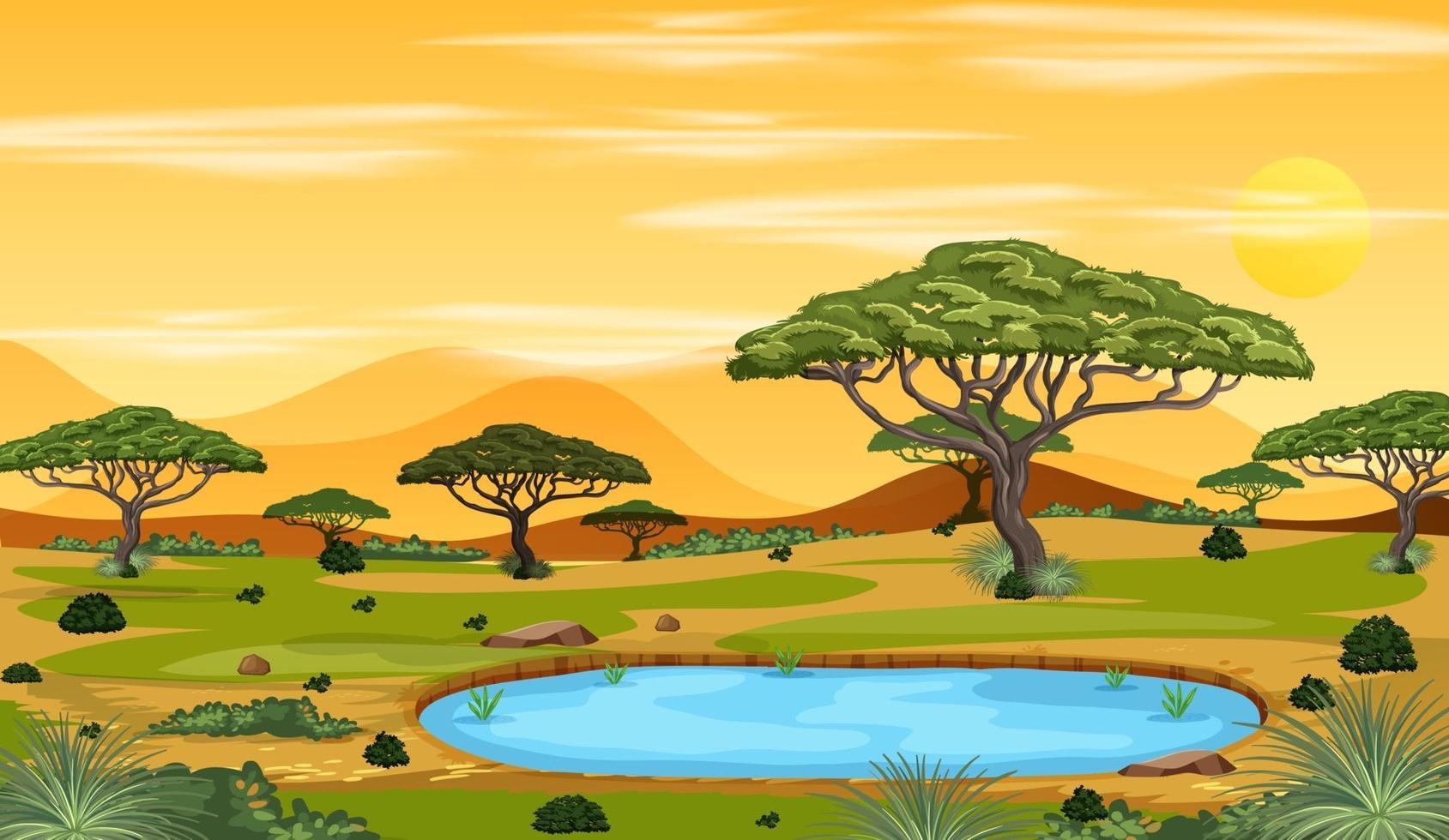 afrikansk savann skog landskap scen vid solnedgången vektor