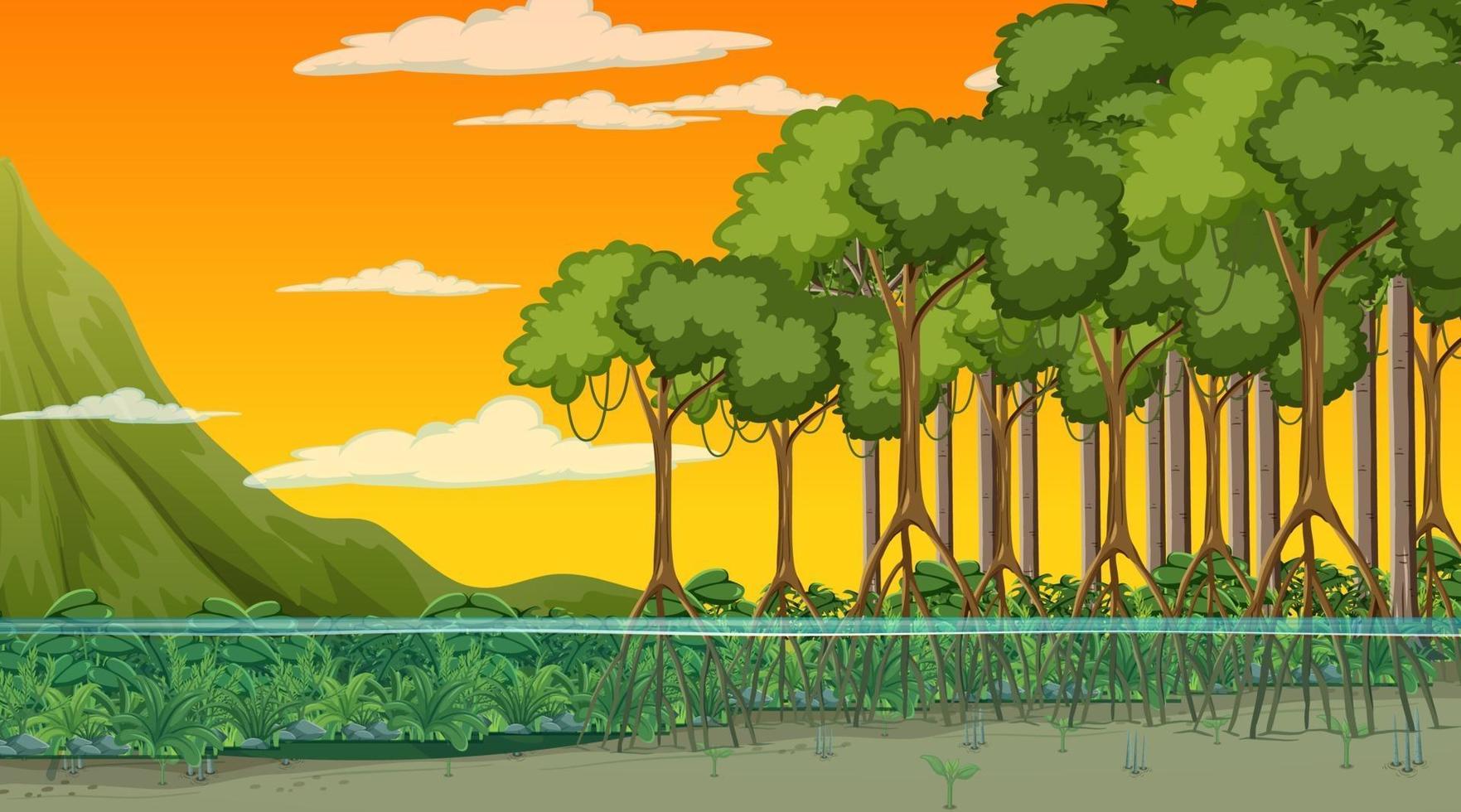 natur scen med mangroveskog vid solnedgången i tecknad stil vektor