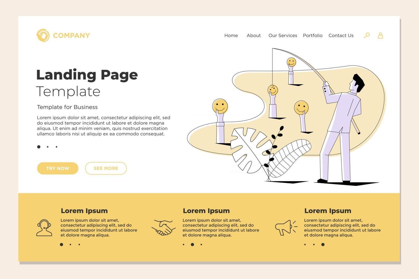 Fischer Geschäftsmann Angeln Emoji-Smiley-Gesichter auf Landing Page Web-Design-Vorlage. Vektor-Business-Internet-Technologie SMM Social Media Marketing Website-Konzept Illustration vektor