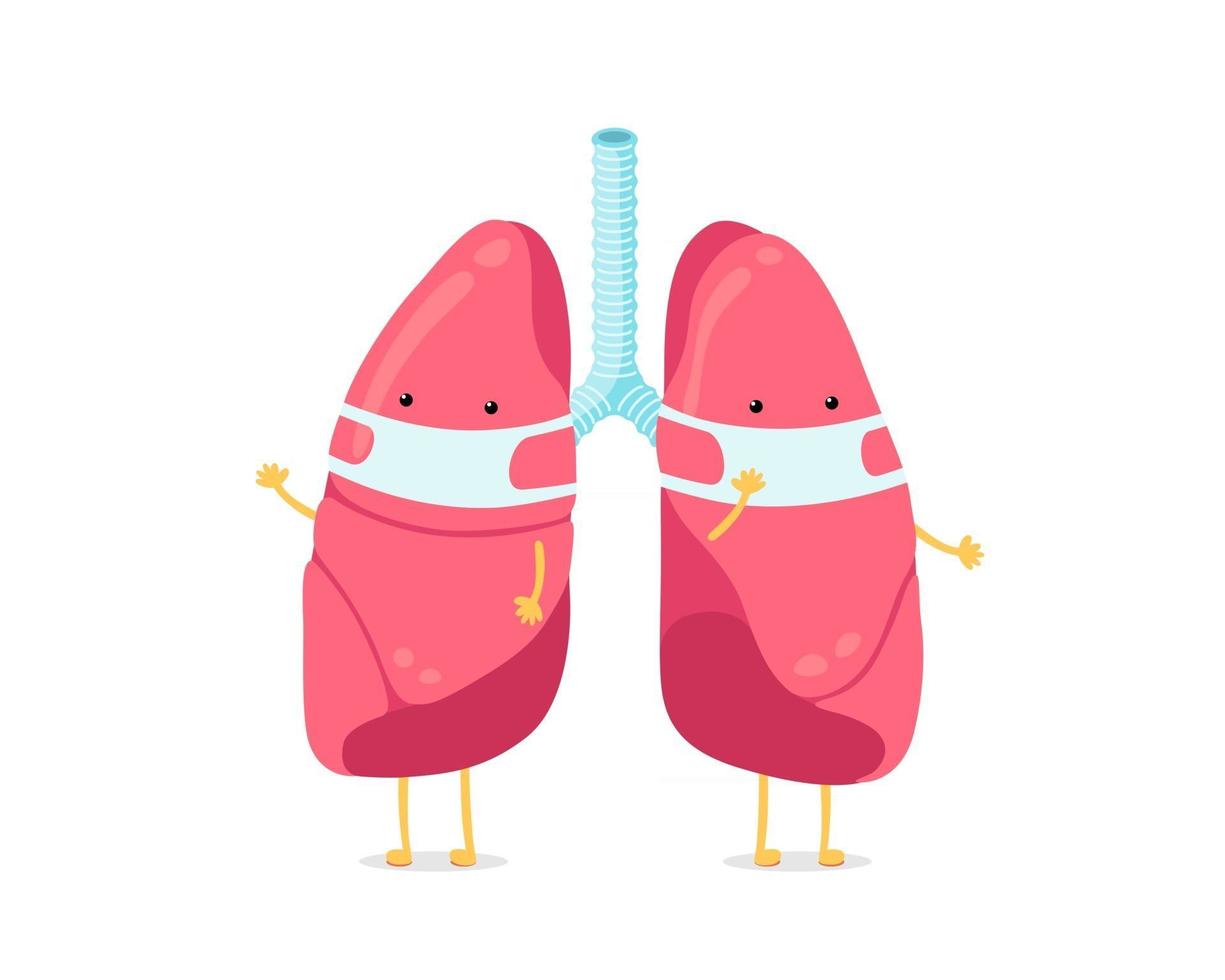 Süßer Cartoon-Lungencharakter mit Atemhygienemaske im Gesicht. Maskottchen des menschlichen Atmungssystems Lunge des inneren Organs. medizinische gesunde anatomie luftverschmutzung schutz vektor illusrtation