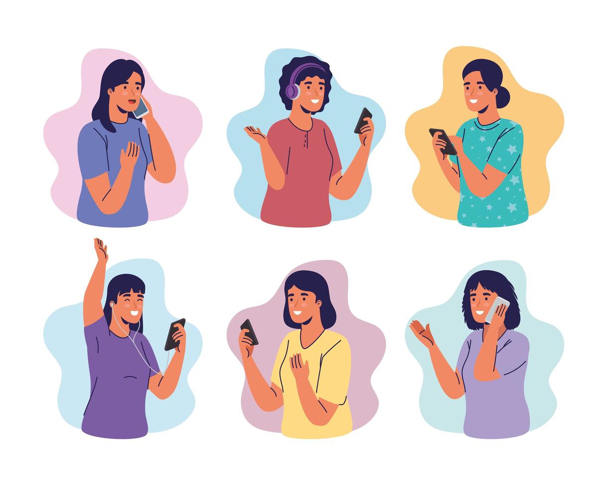 Gruppe von Frauen, die Smartphone-Charaktere verwenden vektor