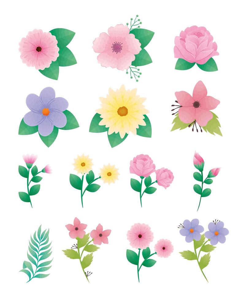 bunt med fjorton vackra blommor och blad dekorativa ikoner vektor