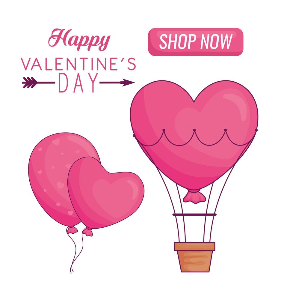 Happy Valentinstag Herzballons und Heißluftballon-Vektor-Design vektor