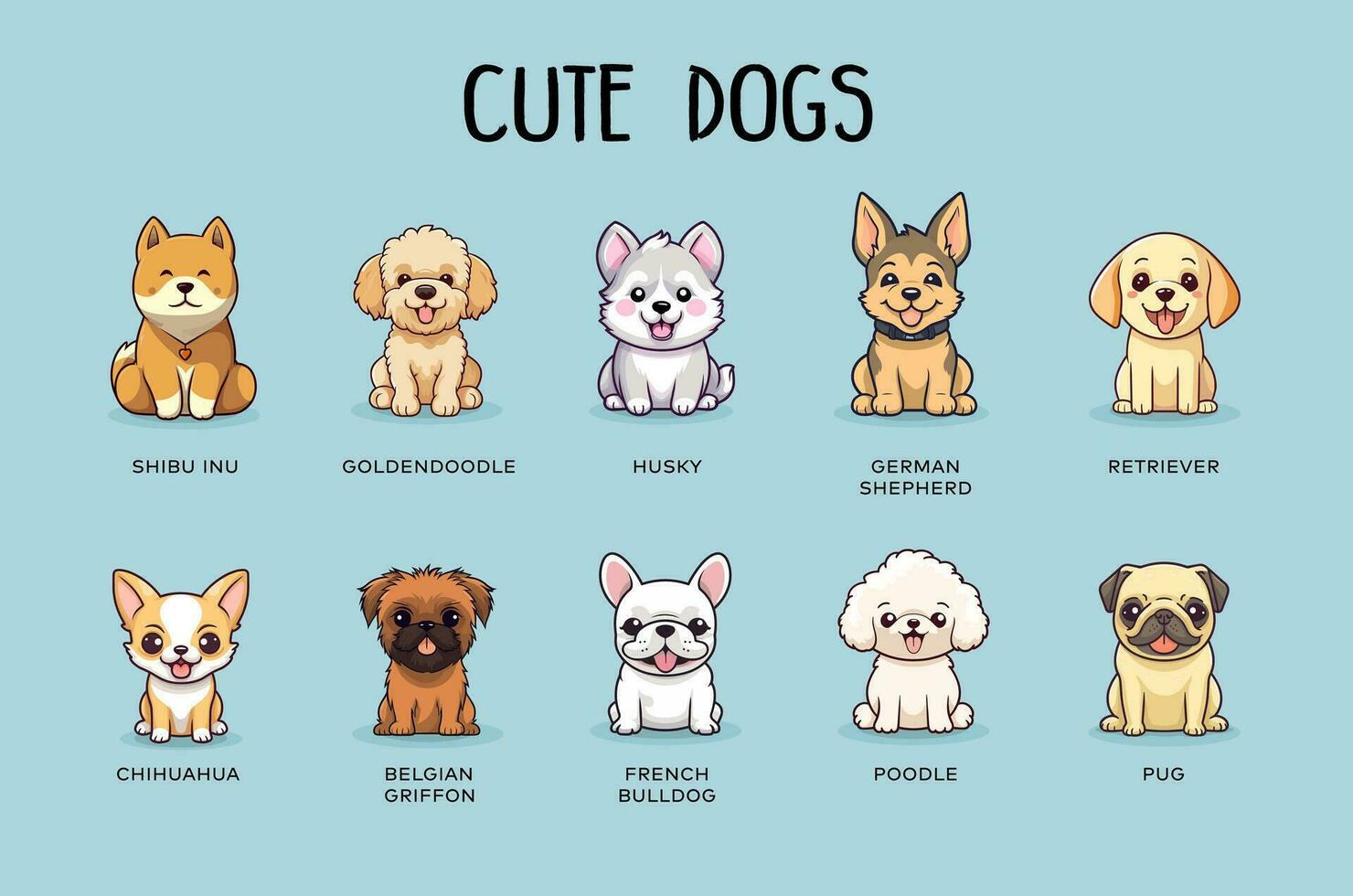 Chibi kawai süß Hund Rassen Sammlung eben bunt Illustration vektor