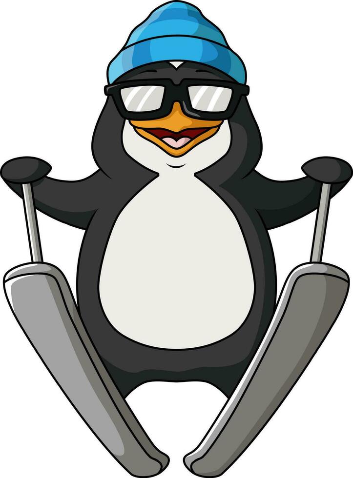 söt pingvin tecknad serie skidåkning på vit bakgrund vektor