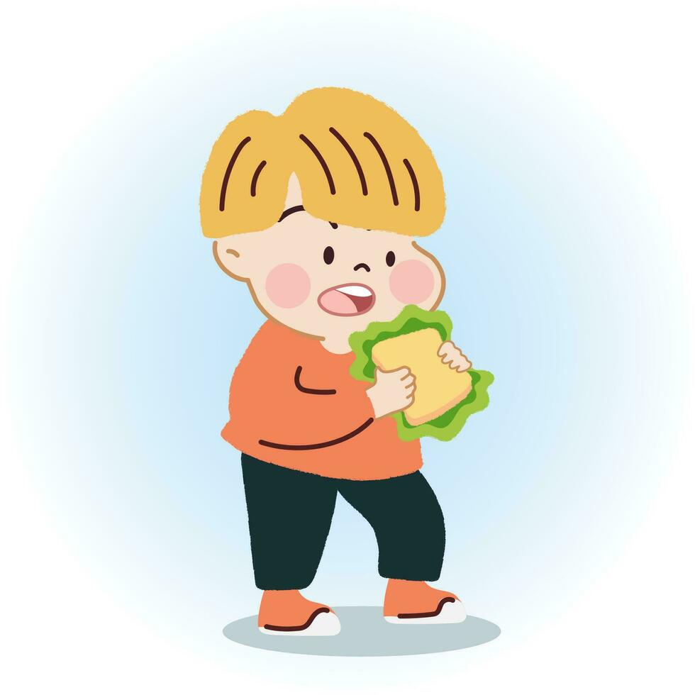 Lycklig liten pojke äter smörgås. friska diet och näring för glad levande. vektor