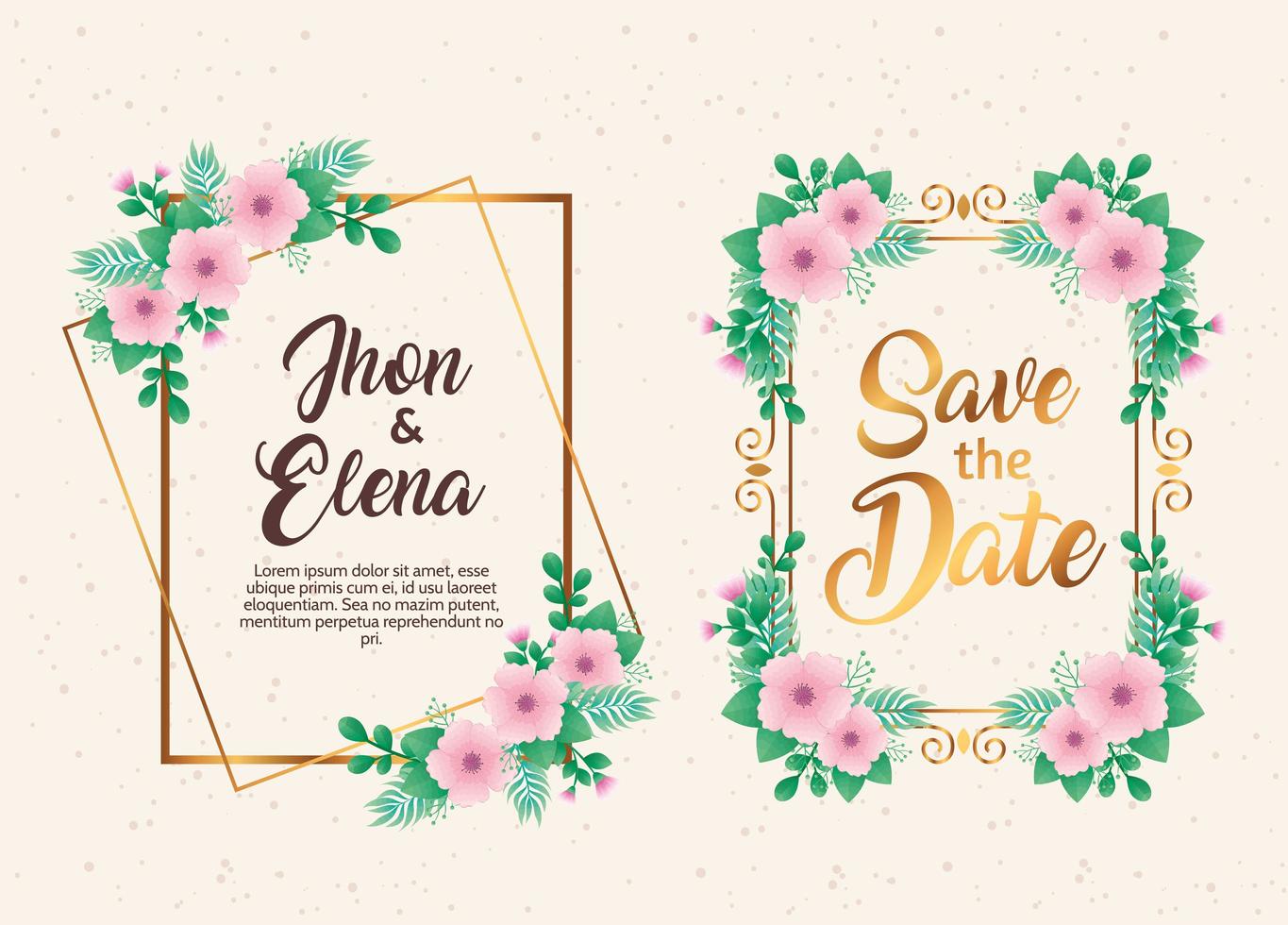 Hochzeitseinladungen mit rosa Blumen und goldenen Rahmen vektor