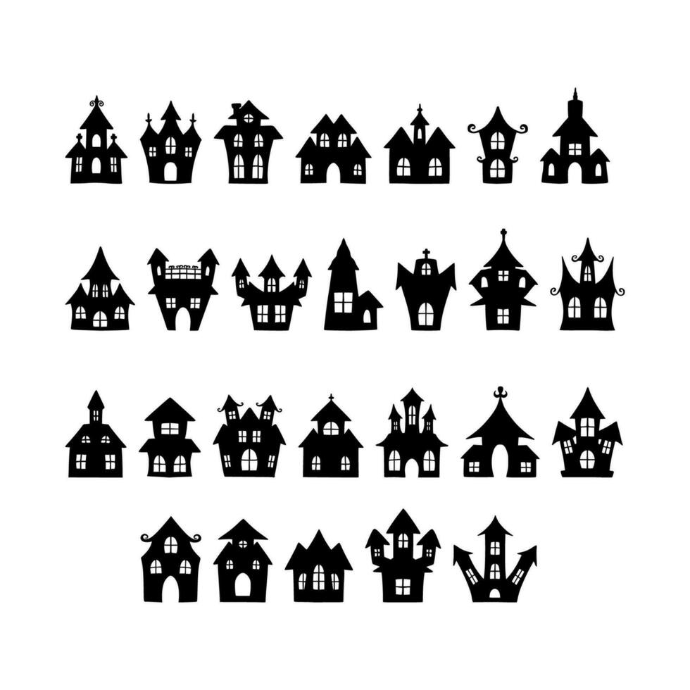 halloween slott silhuett, halloween besatt hus kyrka och Övrig byggnader vektor illustration.