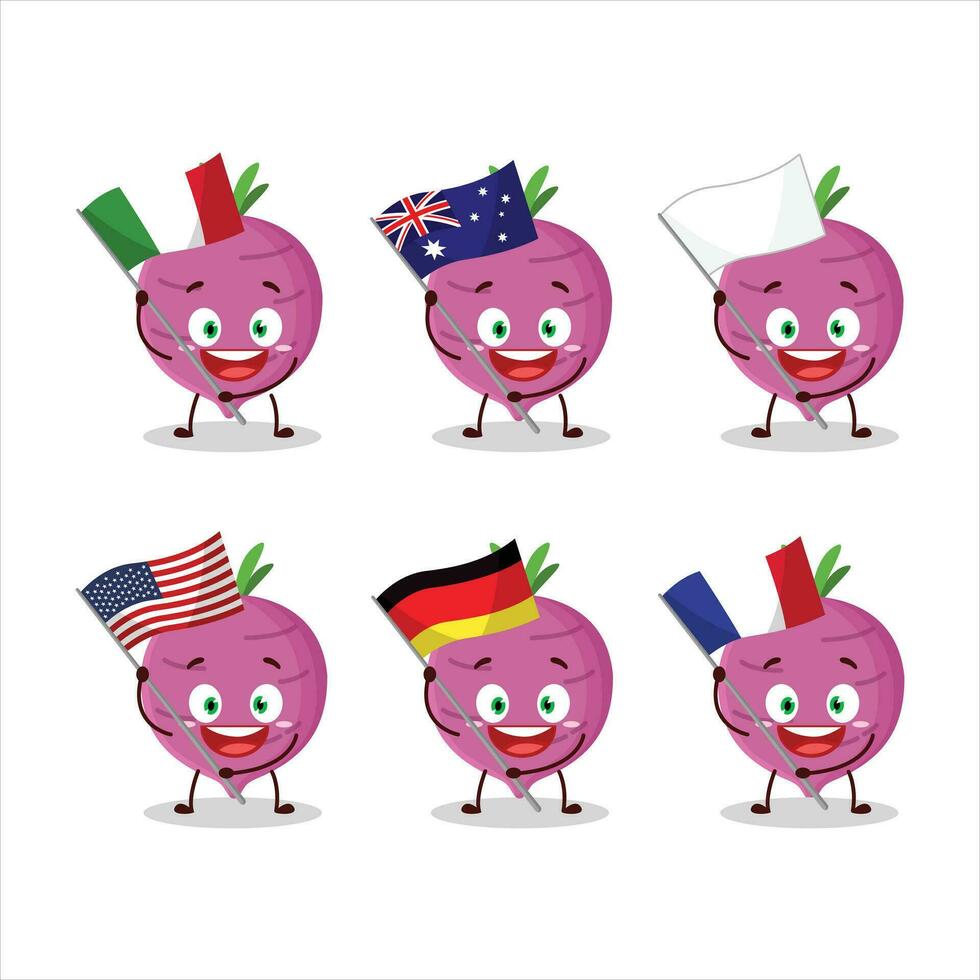 vitlök tecknad serie karaktär föra de flaggor av olika länder vektor