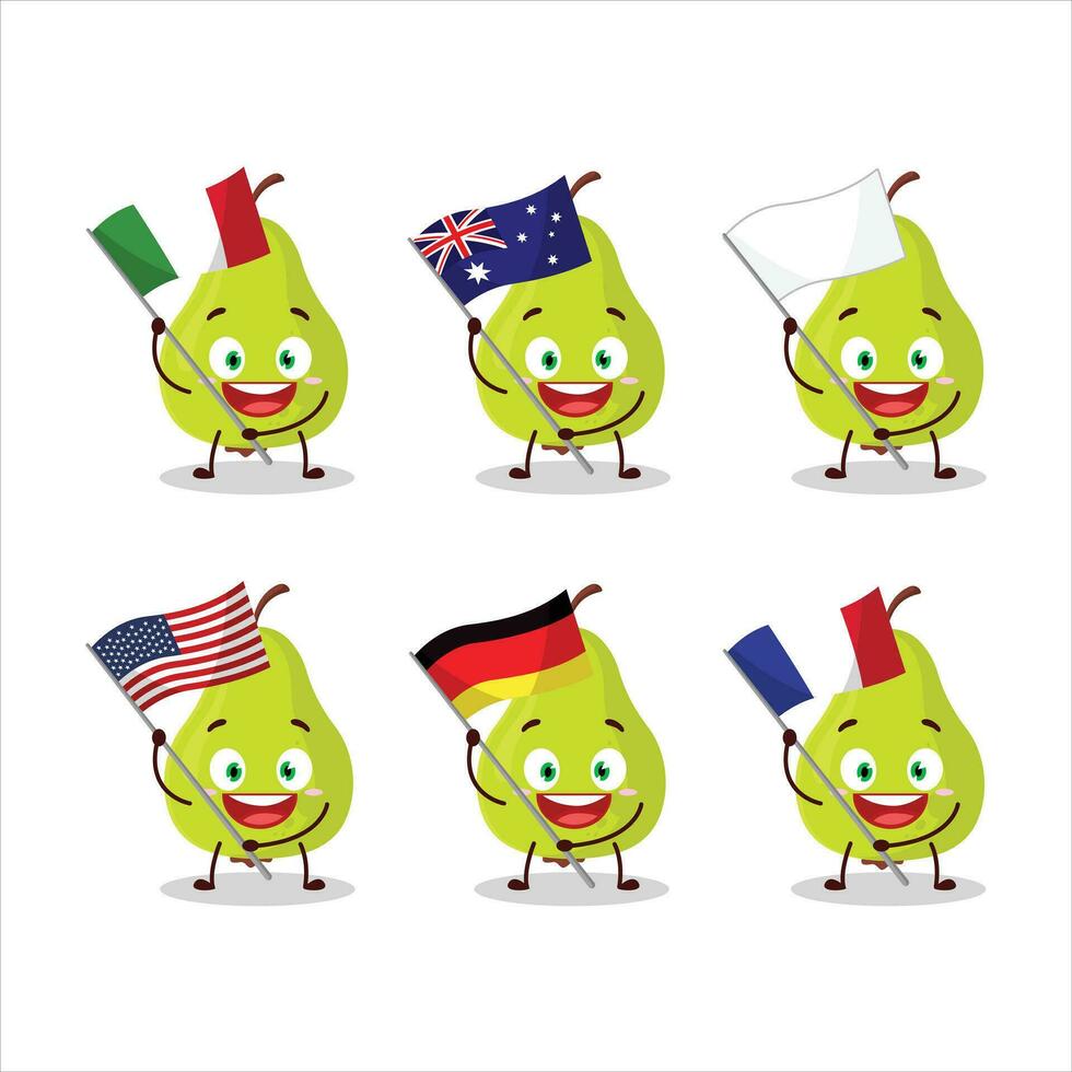 grön päron tecknad serie karaktär föra de flaggor av olika länder vektor