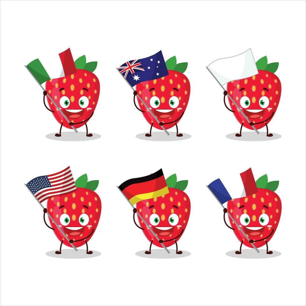 Erdbeere Karikatur Charakter bringen das Flaggen von verschiedene Länder vektor