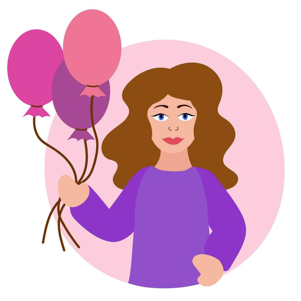 Geburtstag Party Frau. Mädchen halten Luftballons. Vektor eben Illustration