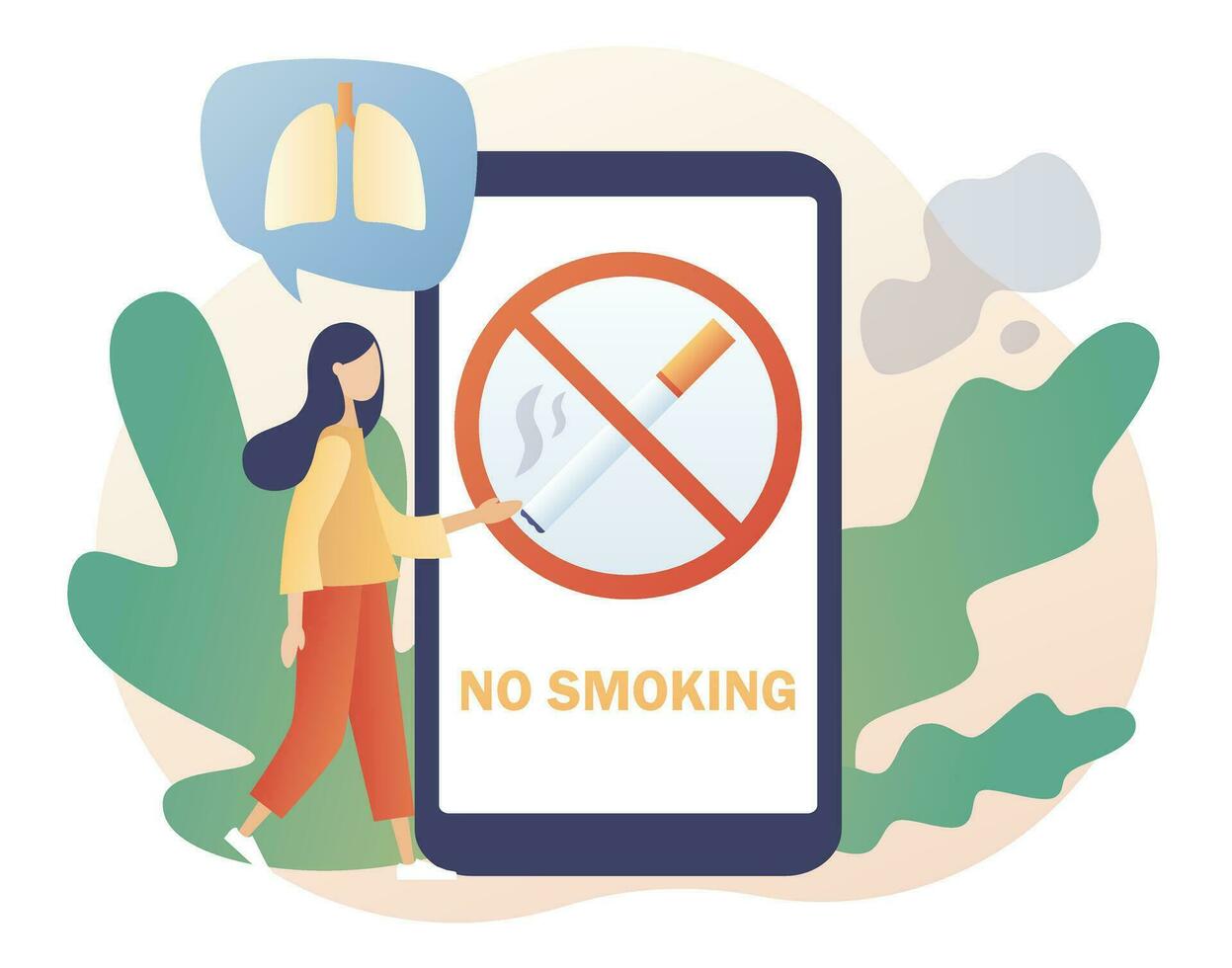Nein Rauchen. gekreuzt aus Zeichen mit Zigarette auf Smartphone Bildschirm. Ablehnung von Nikotin, halt Rauch, gesund Gewohnheiten. modern eben Karikatur Stil. Vektor Illustration auf Weiß Hintergrund