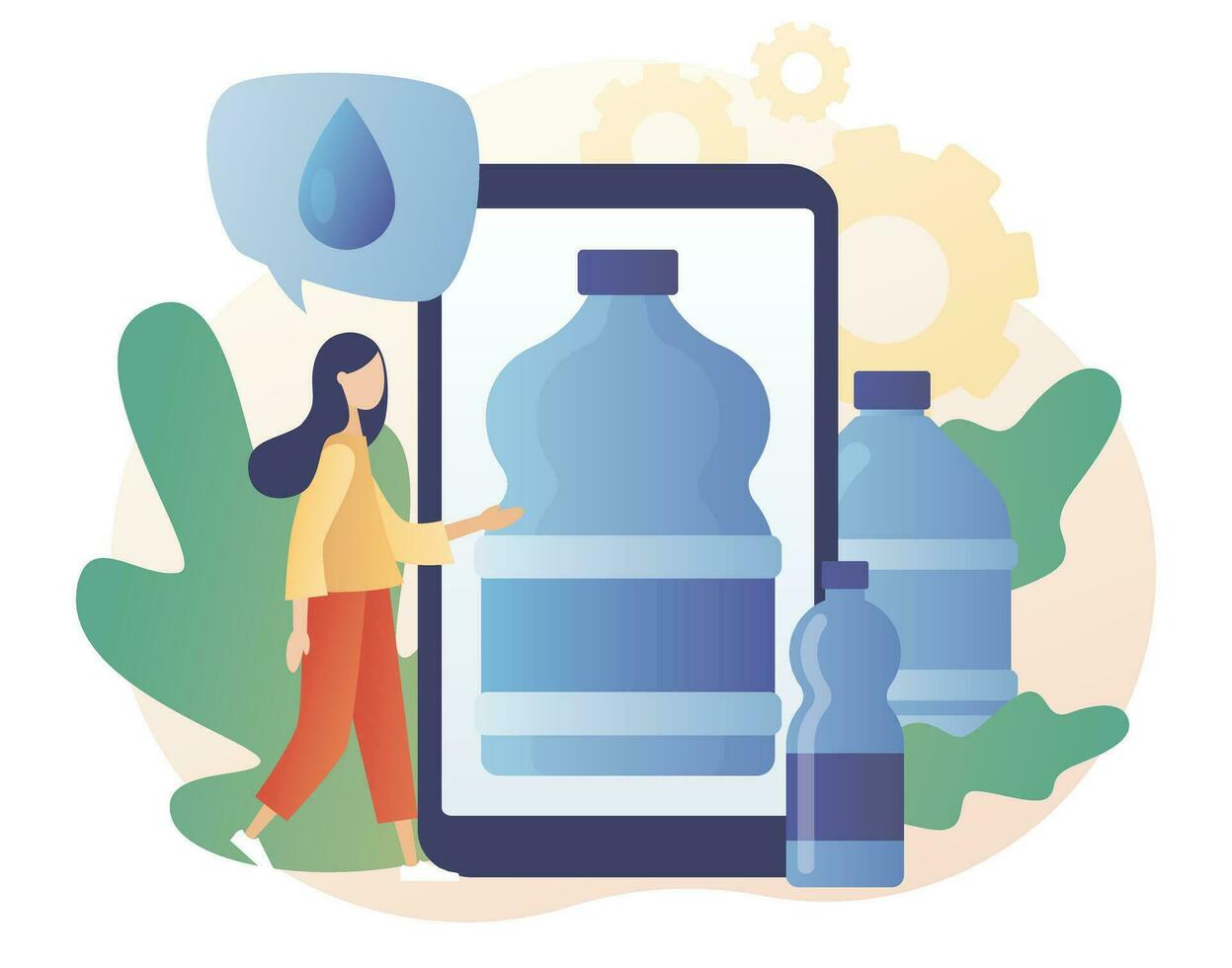 Flaschen mit sauber Wasser. Wasser Lieferung Bedienung Smartphone App. liefern, Versand. modern eben Karikatur Stil. Vektor Illustration auf Weiß Hintergrund