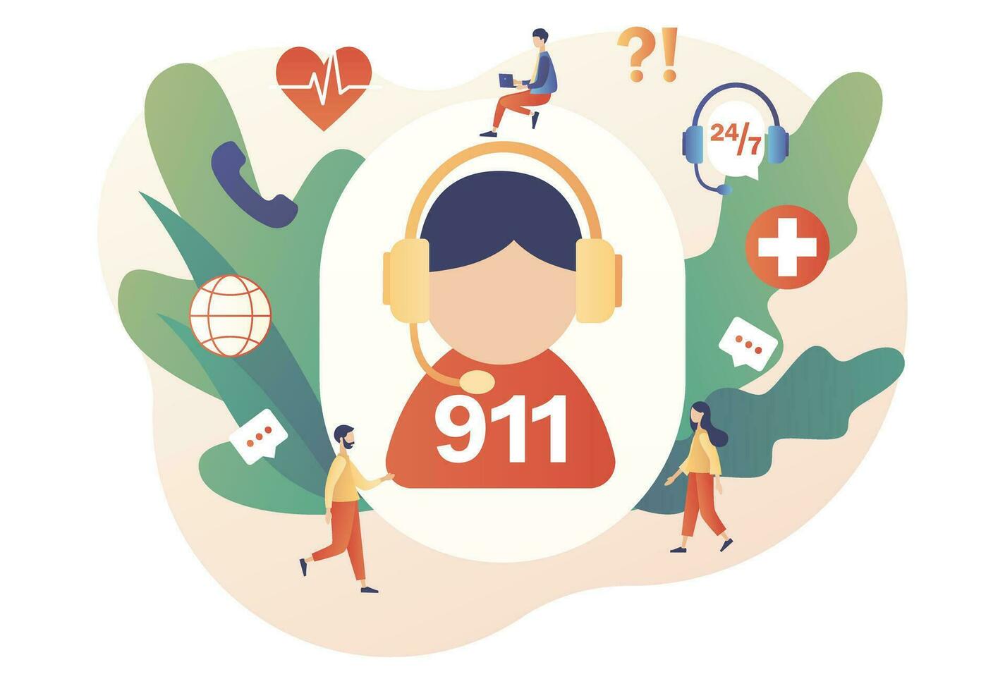 Krankenwagen Service. 911 Notfall Forderung. Assistent Manager online. Hotline Anruf Center. modern eben Karikatur Stil. Vektor Illustration auf Weiß Hintergrund