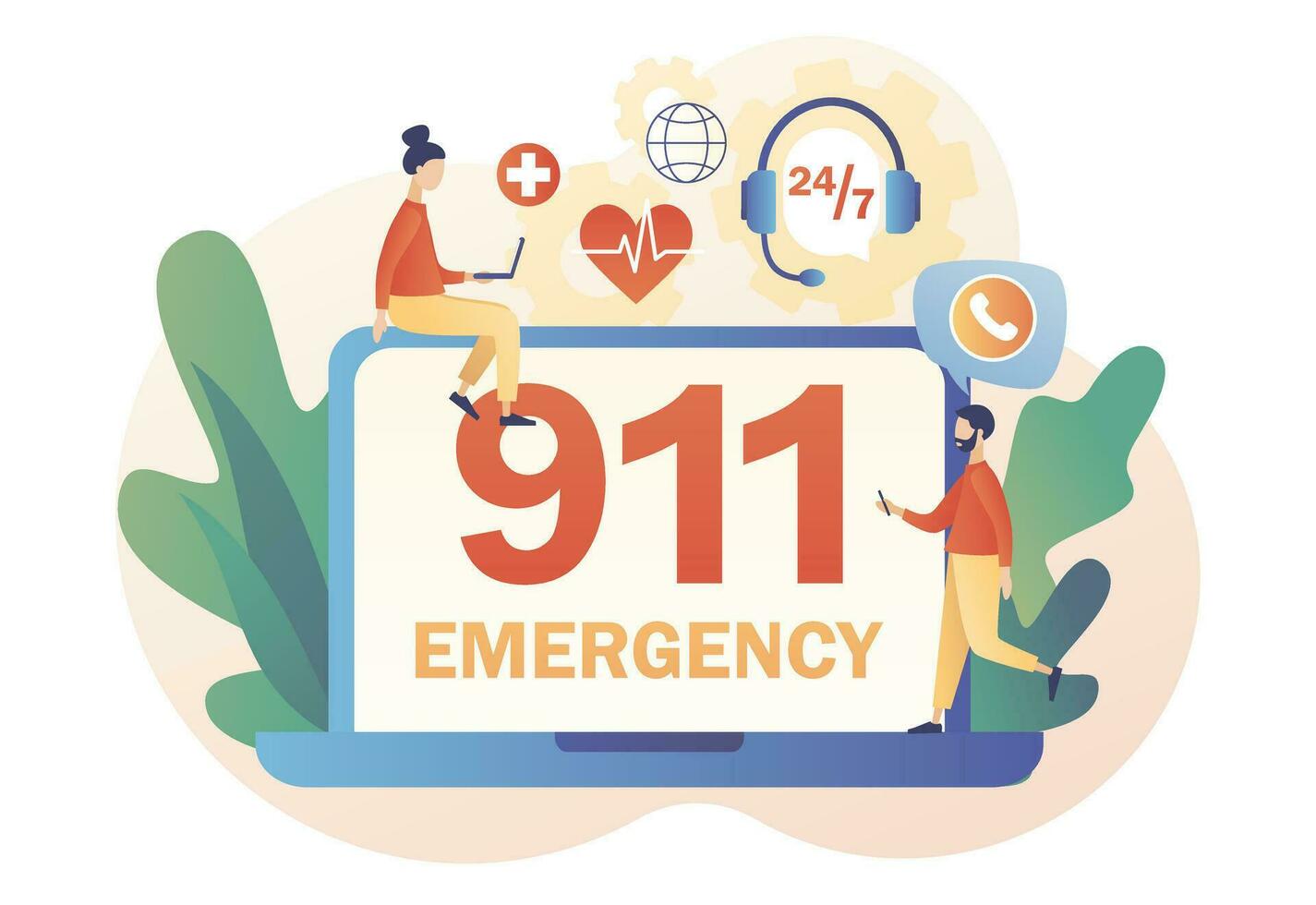 911 Notfall Anruf auf Netz Seite? ˅. Assistent Manager online. Krankenwagen Service. Hotline Anruf Center. modern eben Karikatur Stil. Vektor Illustration auf Weiß Hintergrund