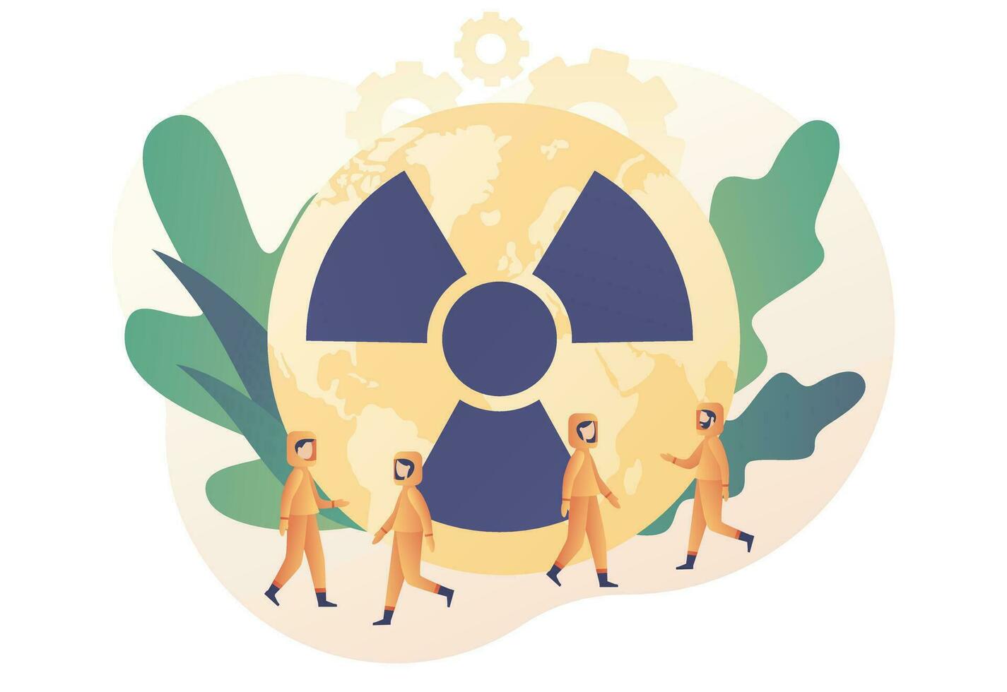 mycket liten människor i radioaktiv skydd kostym. strålning varning symbol på planet jorden. kärn toxisk avfall begrepp. modern platt tecknad serie stil. vektor illustration på vit bakgrund