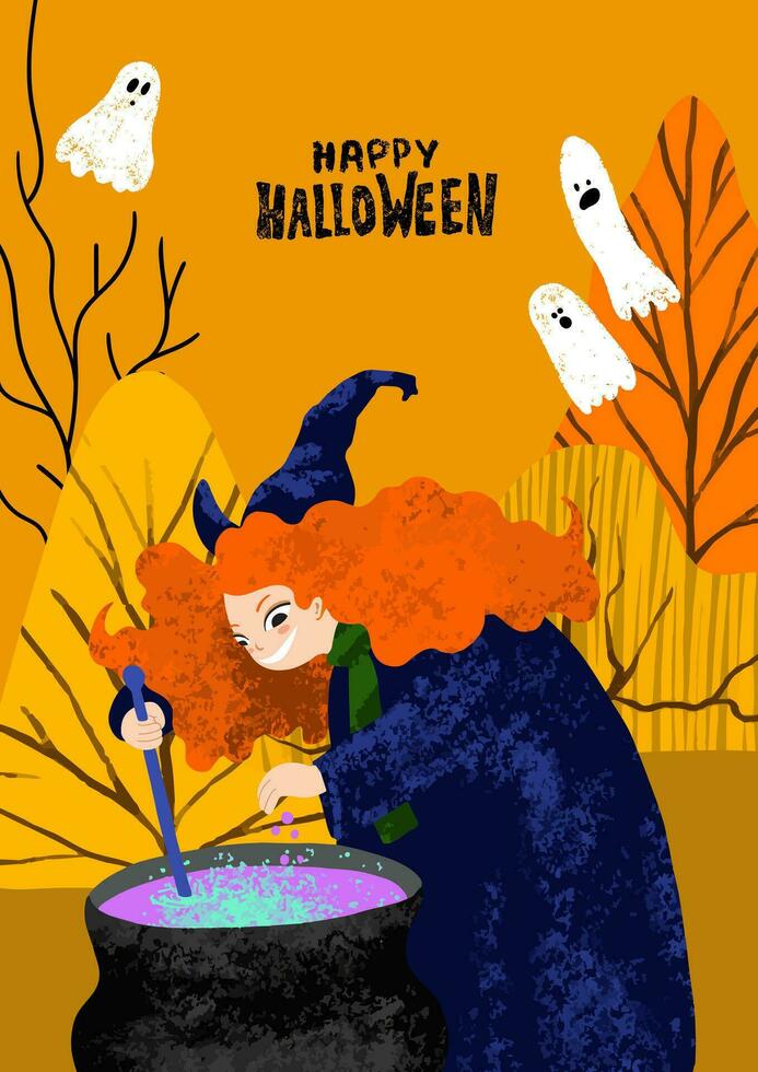 Lycklig halloween affisch med häxa matlagning trolldryck i de kittel, höst skog, spöken, krita text vektor