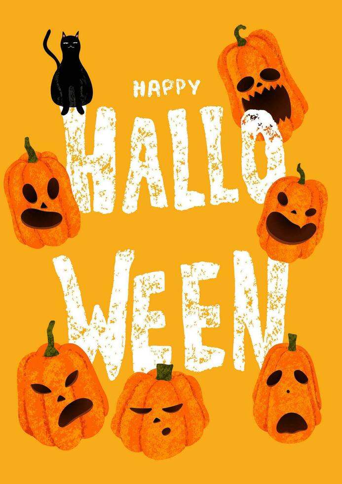 Lycklig halloween text. affisch med domkraft o'lantern pumpor, svart katt och kalligrafi på orange bakgrund vektor