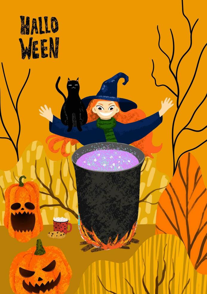 glücklich Halloween Poster mit Hexe Kochen Trank im das Kessel, Kürbislaterne, Herbst Wald, schwarz Katze, Kreide Beschriftung vektor