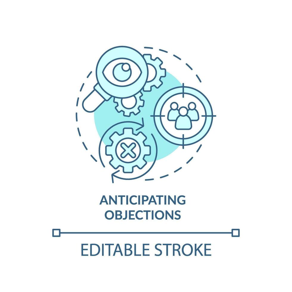 vorwegnehmen Einwände Sanft Blau Konzept Symbol. Ziel Publikum. Kunde Forschung. Antwort planen. Der Umsatz Wirksamkeit. runden gestalten Linie Illustration. abstrakt Idee. Grafik Design. einfach zu verwenden vektor