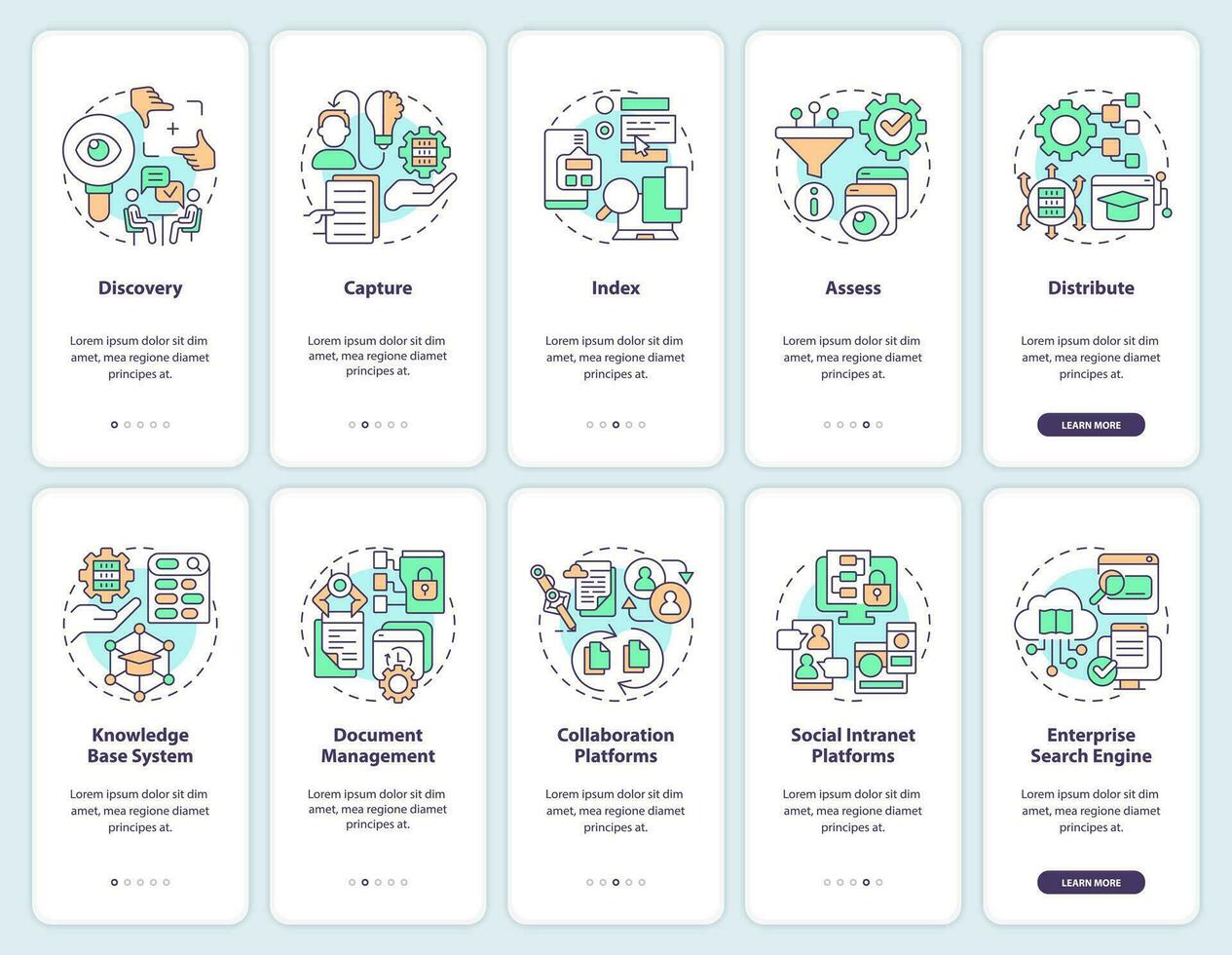 2d Symbole Darstellen Wissen Verwaltung Handy, Mobiltelefon App Bildschirm Satz. Komplettlösung 5 Schritte bunt Grafik Anleitung mit dünn Linie Symbole Konzept, ui, ux, gui Vorlage. vektor