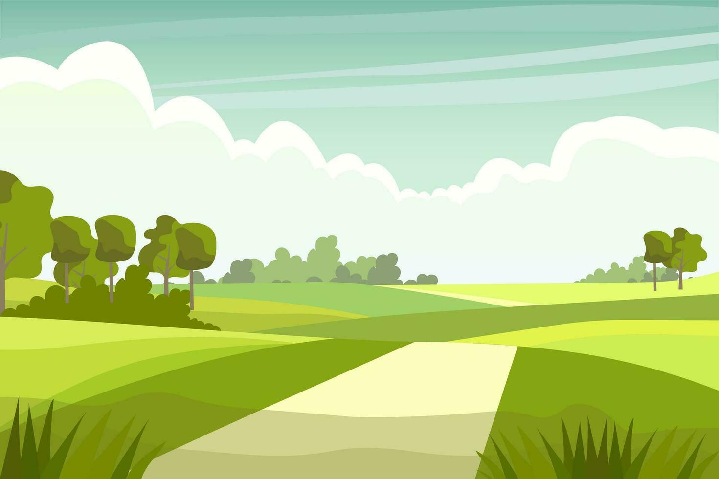 Karikatur ländlich Wiese Landschaft, ländlich Fahrbahn Straße zu Horizont durch Grün Weide Wiesen mit Gras und Bäume im Felder, Sommer- Ackerland Panorama. Bauernhof Feld Landschaft Vektor Illustration.