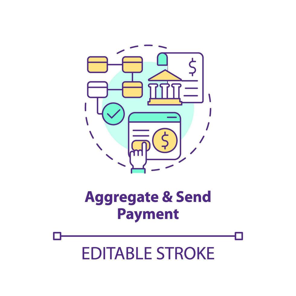 aggregat och skicka betalning begrepp ikon. transaktion bearbetning. på vilket sätt ach arbete abstrakt aning tunn linje illustration. isolerat översikt teckning. redigerbar stroke vektor