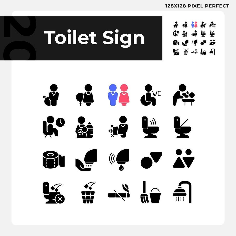 Toilette Zeichen Pixel perfekt schwarz Glyphe Symbole einstellen auf Weiß Raum. Öffentlichkeit Toilette Markierung Symbole. Wasser Wandschrank Räume Hygiene. Silhouette Symbole. solide Piktogramm Pack. Vektor isoliert Illustration