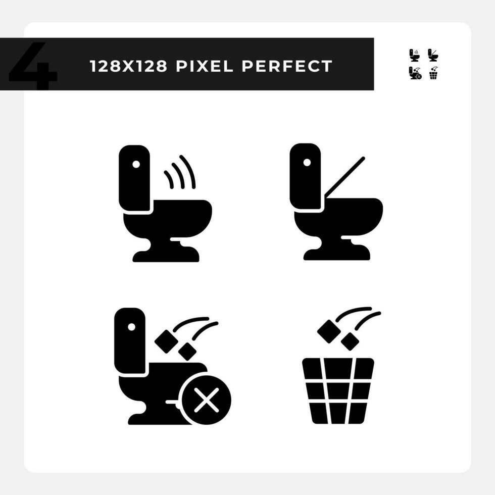 Toilette Verwendungszweck Empfehlungen Pixel perfekt schwarz Glyphe Symbole einstellen auf Weiß Raum. Toilette Schalen Automatisierung. Müll sammeln. Silhouette Symbole. solide Piktogramm Pack. Vektor isoliert Illustration