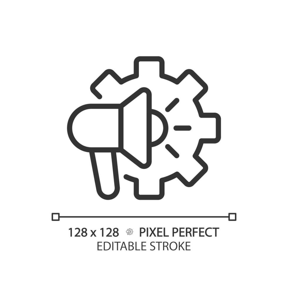 ad inställningar pixel perfekt linjär ikon. Sök motor optimering. seo verktyg. marknadsföring, befordran. reklam alternativ. tunn linje illustration. kontur symbol. vektor översikt teckning. redigerbar stroke