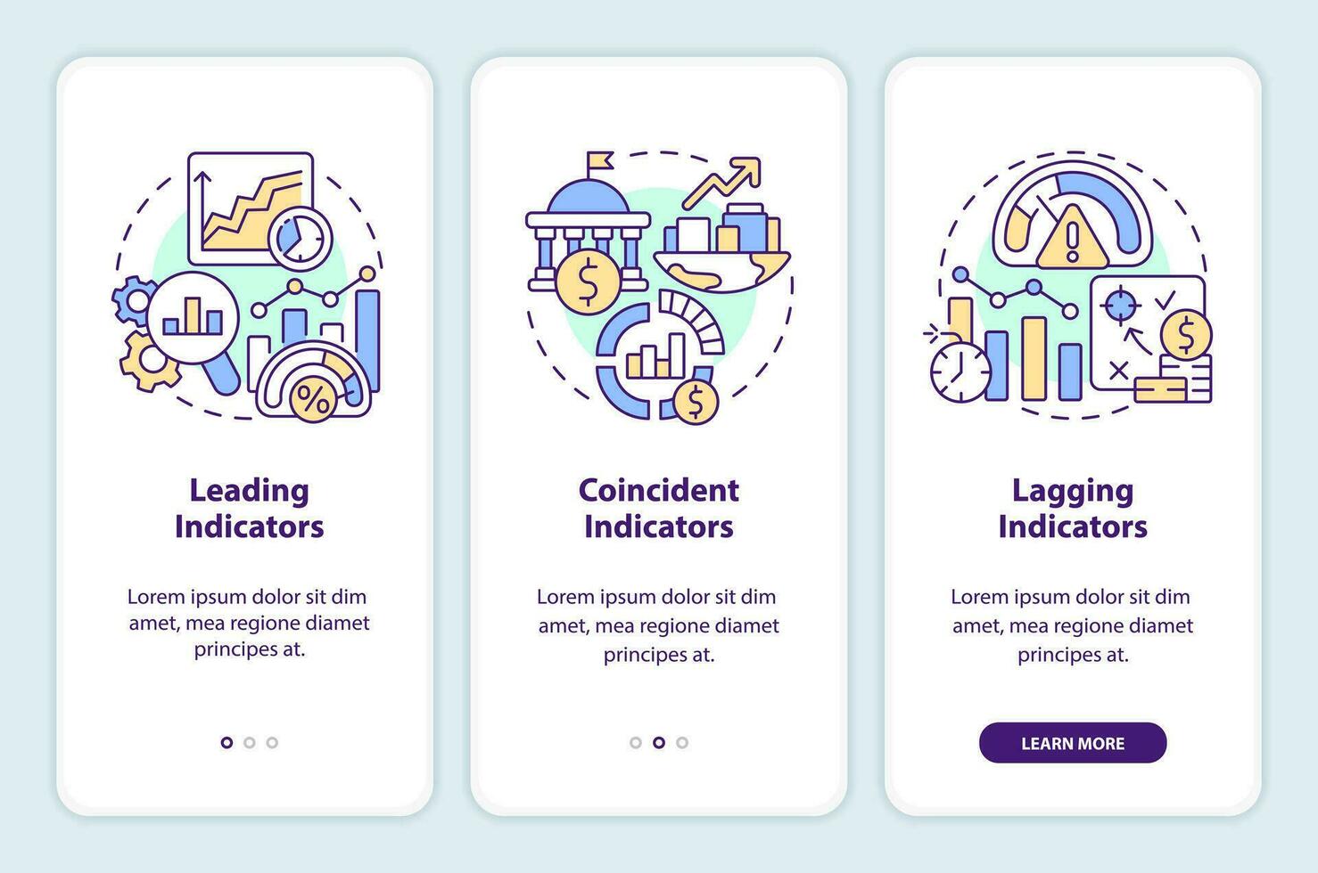 Typen von wirtschaftlich Indikatoren Onboarding Handy, Mobiltelefon App Bildschirm. Analytik Komplettlösung 3 Schritte editierbar Grafik Anleitung mit linear Konzepte. ui, ux, gui Vorlage vektor