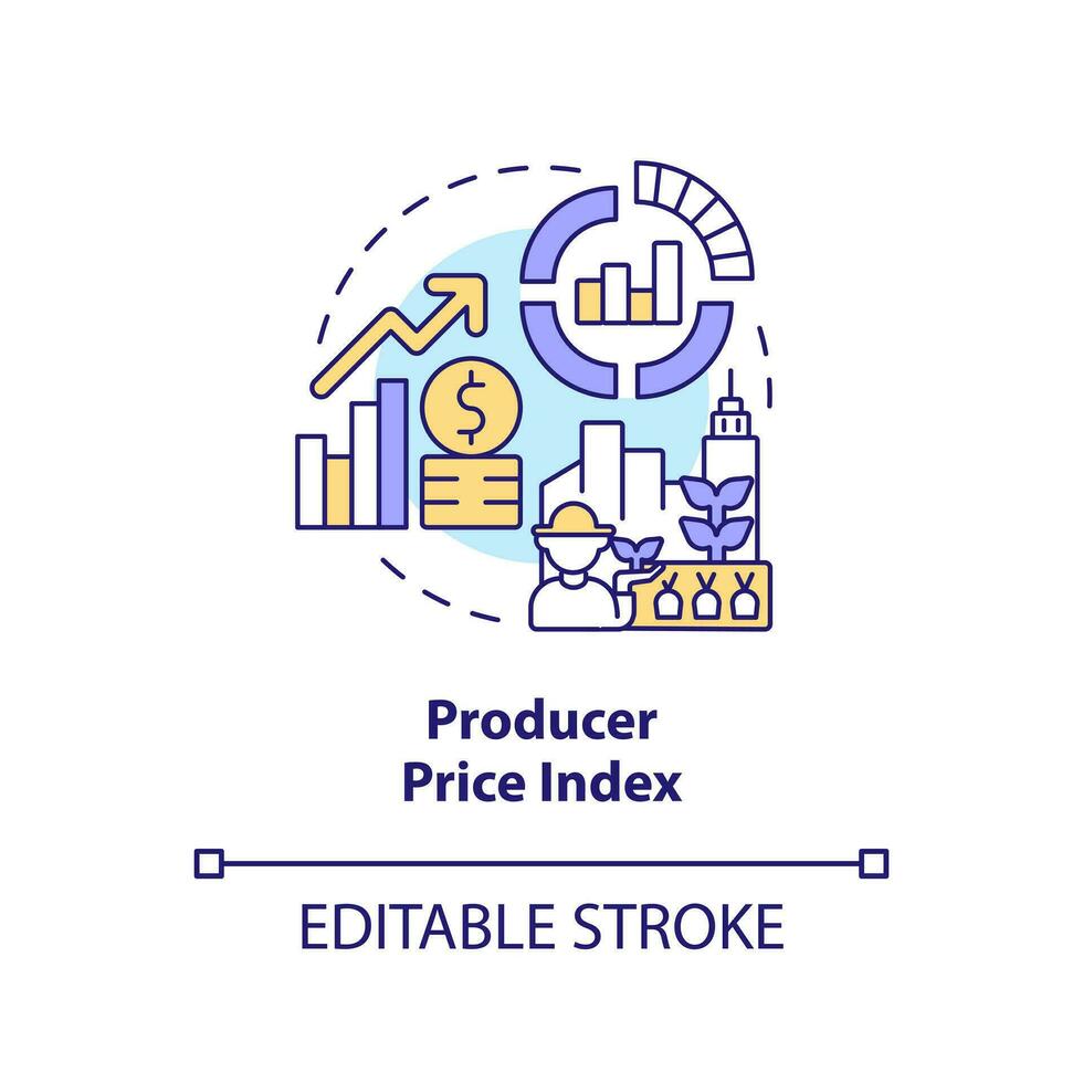 producent pris index begrepp ikon. tillverkning utgifter. ekonomisk analys nyckel abstrakt aning tunn linje illustration. isolerat översikt teckning. redigerbar stroke vektor