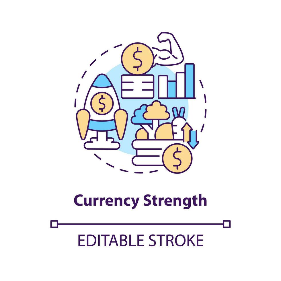 valuta styrka begrepp ikon. finansiell systemet. ekonomisk indikatorer exempel abstrakt aning tunn linje illustration. isolerat översikt teckning. redigerbar stroke vektor