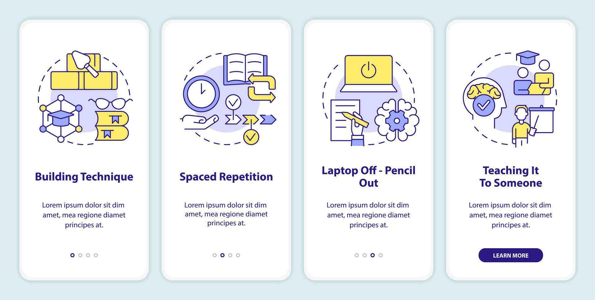 verbal auswendig lernen Strategien Onboarding Handy, Mobiltelefon App Bildschirm. Erinnerung Komplettlösung 4 Schritte editierbar Grafik Anleitung mit linear Konzepte. ui, ux, gui Vorlage vektor