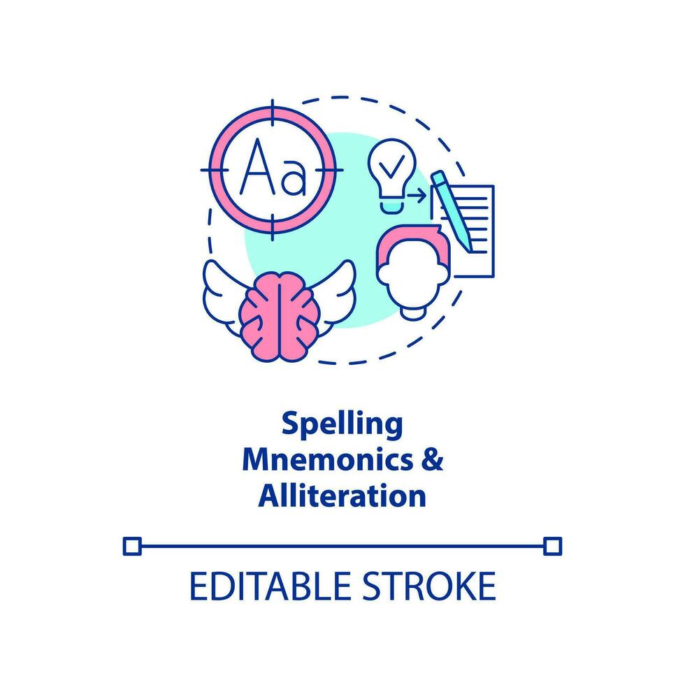 verbal Erinnerung Technik Konzept Symbol. buchstabieren Mnemonik, Alliteration. Gehirn Übung abstrakt Idee dünn Linie Illustration. isoliert Gliederung Zeichnung. editierbar Schlaganfall vektor